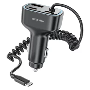 شارژر فندکی مشکی خودرو مدل Dual PD 90W با کابل USB‑C داخلی گرین لاین