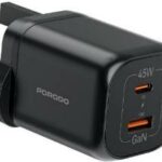 شارژر دیواری فست شارژ دو پورت مدل GaN PD45W پورودو