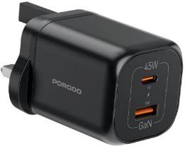 شارژر دیواری فست شارژ دو پورت مدل GaN PD45W پورودو